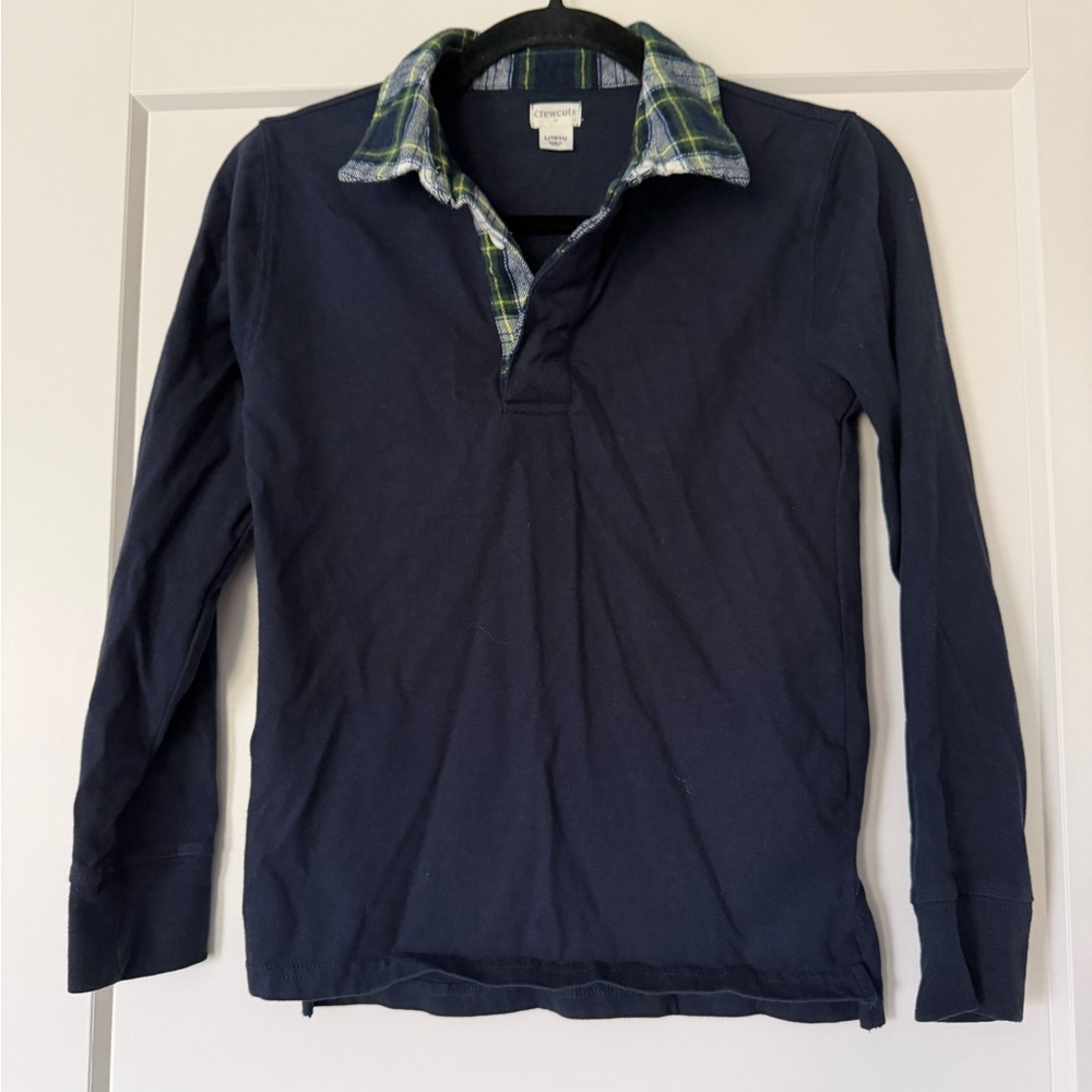 Crewcuts Boys Navy Polo with Plaid Collar Detail Long Sleeve Cotton